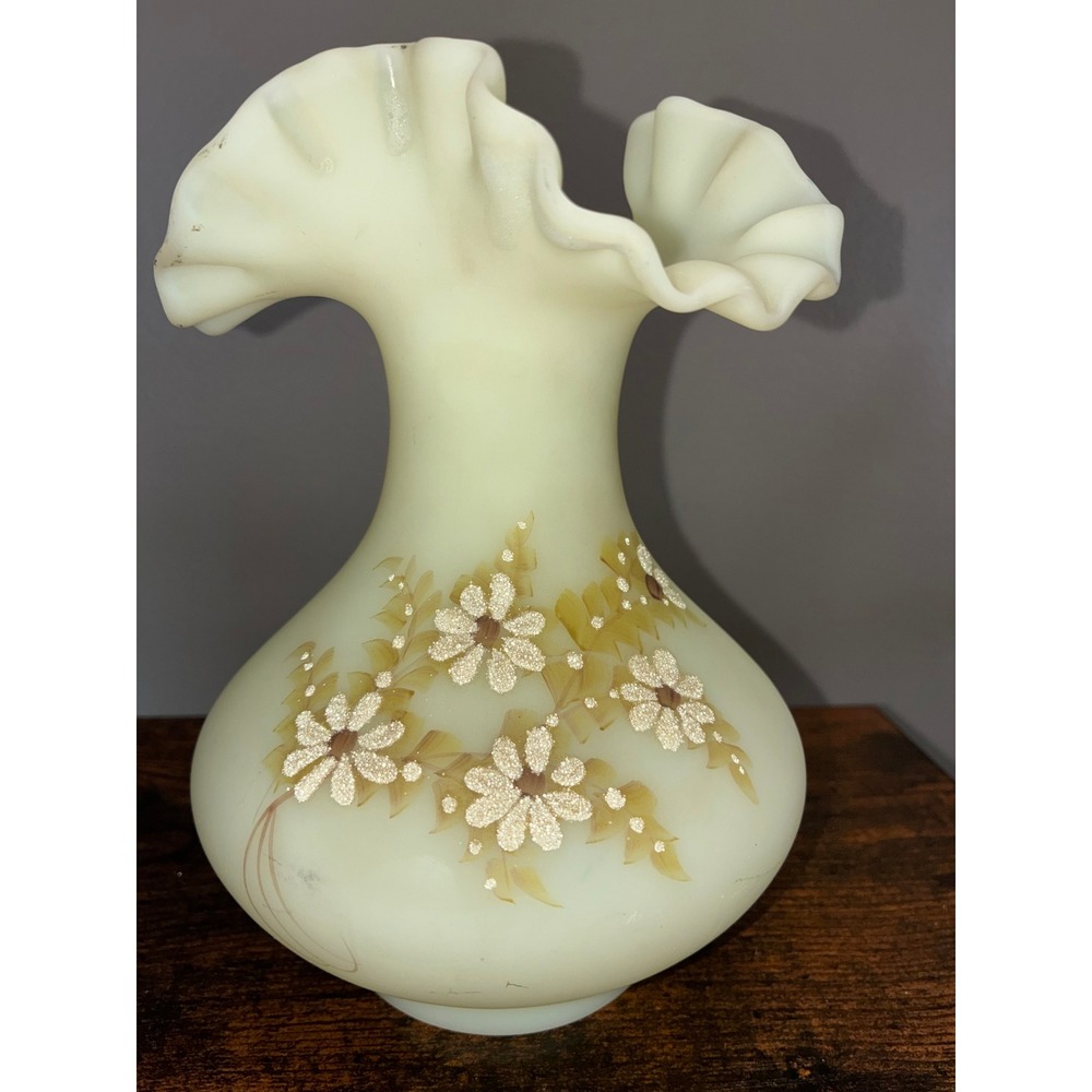 Vtg Fenton Ruffled Yellow Satin Custard Uranium Vase Hand Painted Signed